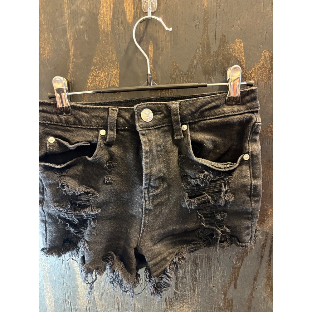 Vigoss Womens Black Distressed Denim Shorts High Waisted Frayed Raw Hem Size 26